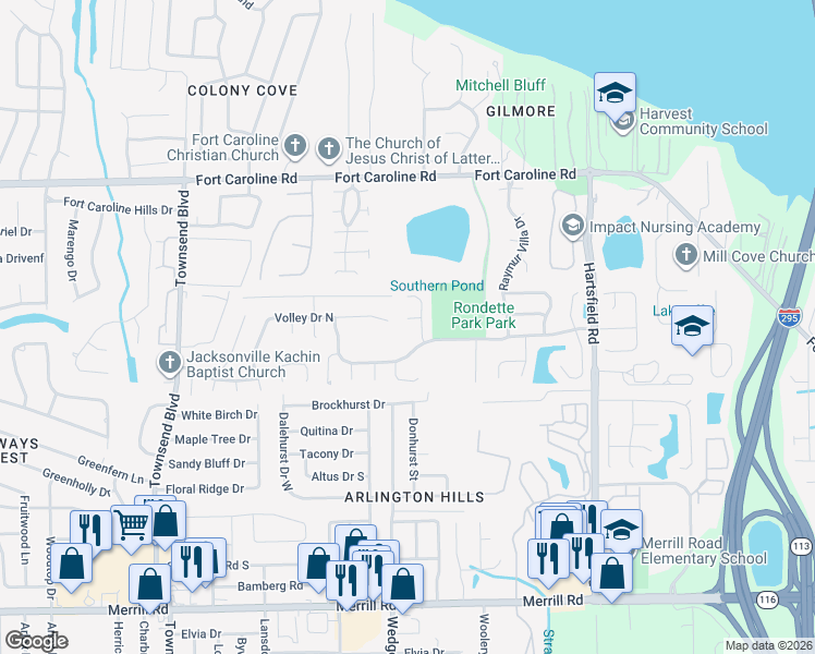 map of restaurants, bars, coffee shops, grocery stores, and more near 7518 Advantage Court in Jacksonville