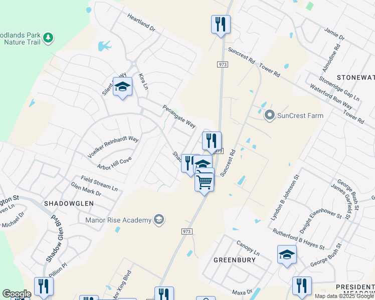 map of restaurants, bars, coffee shops, grocery stores, and more near 12300 Pecangate Way in Manor