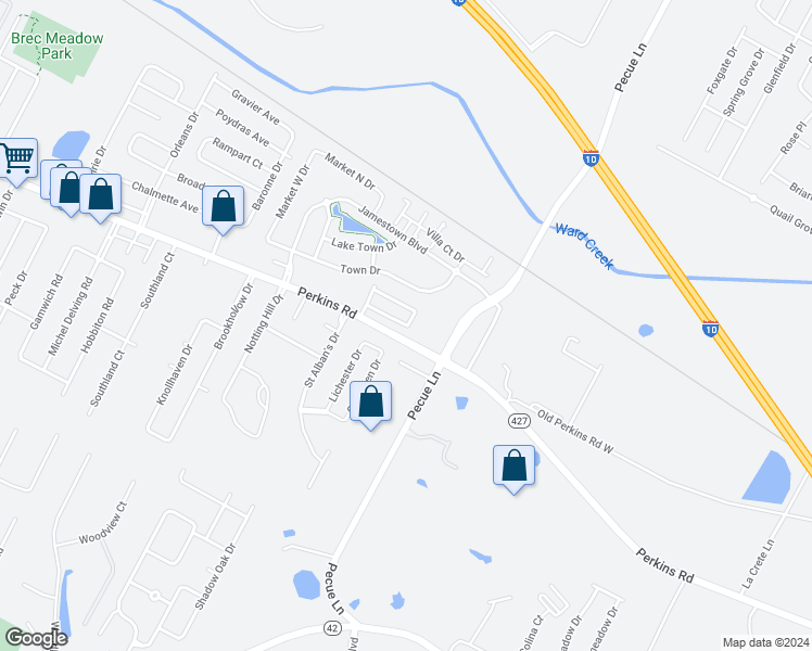 map of restaurants, bars, coffee shops, grocery stores, and more near Kingsland Way in Baton Rouge