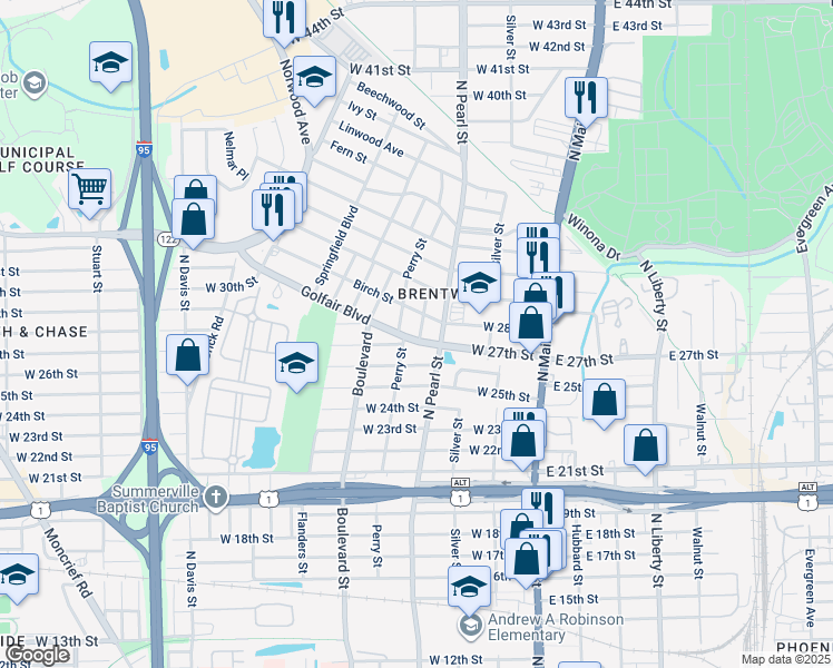 map of restaurants, bars, coffee shops, grocery stores, and more near 333 Golfair Boulevard in Jacksonville