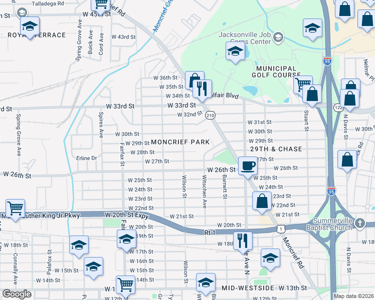 map of restaurants, bars, coffee shops, grocery stores, and more near 1521 West 28th Street in Jacksonville
