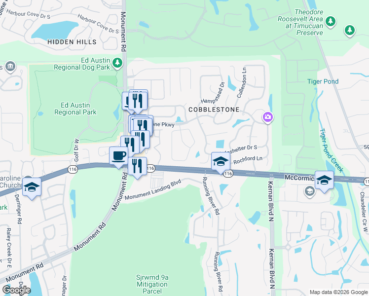 map of restaurants, bars, coffee shops, grocery stores, and more near 2646 Cobblestone Forest Drive in Jacksonville
