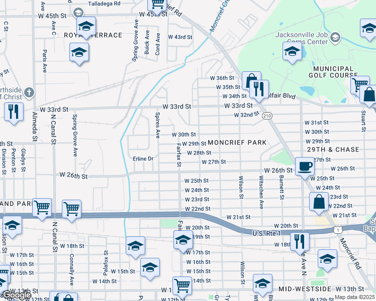 map of restaurants, bars, coffee shops, grocery stores, and more near 1731 West 28th Street in Jacksonville