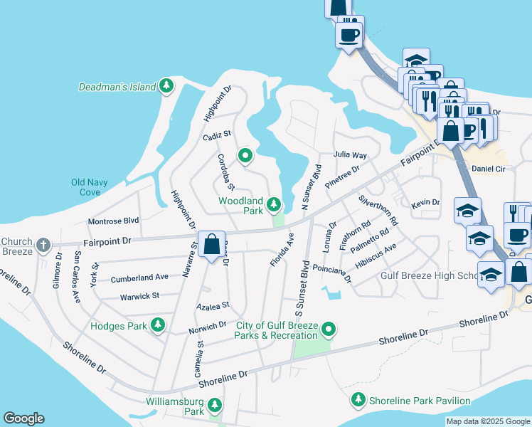 map of restaurants, bars, coffee shops, grocery stores, and more near 3 Highpoint Drive in Gulf Breeze