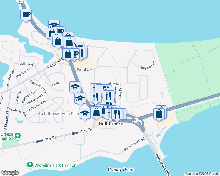 map of restaurants, bars, coffee shops, grocery stores, and more near 180 Stearns Street in Gulf Breeze