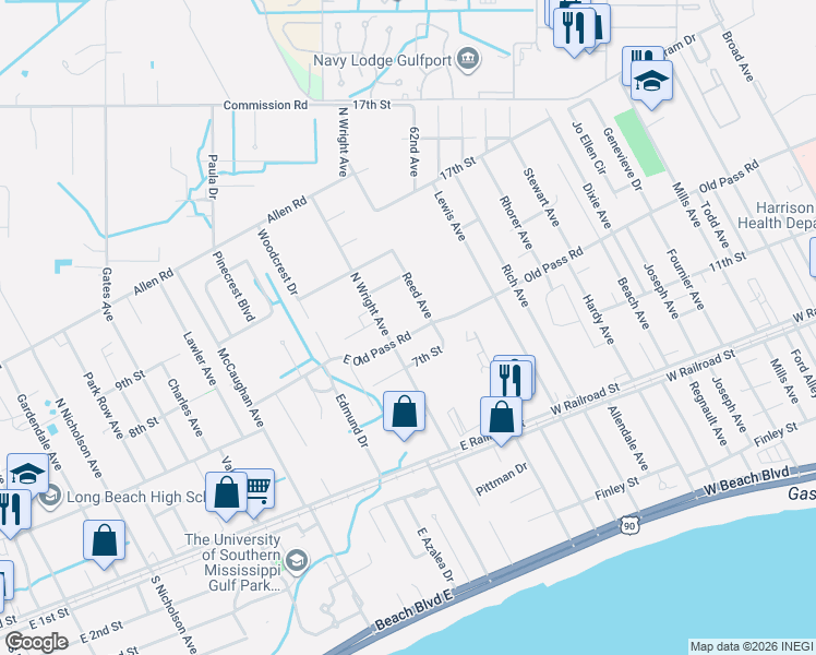 map of restaurants, bars, coffee shops, grocery stores, and more near 1205 East Old Pass Road in Long Beach