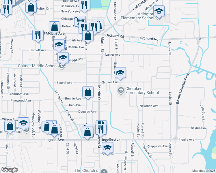 map of restaurants, bars, coffee shops, grocery stores, and more near 2616 Gina Street in Pascagoula