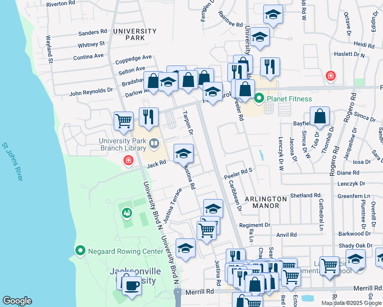 map of restaurants, bars, coffee shops, grocery stores, and more near 5803 Jack Road in Jacksonville