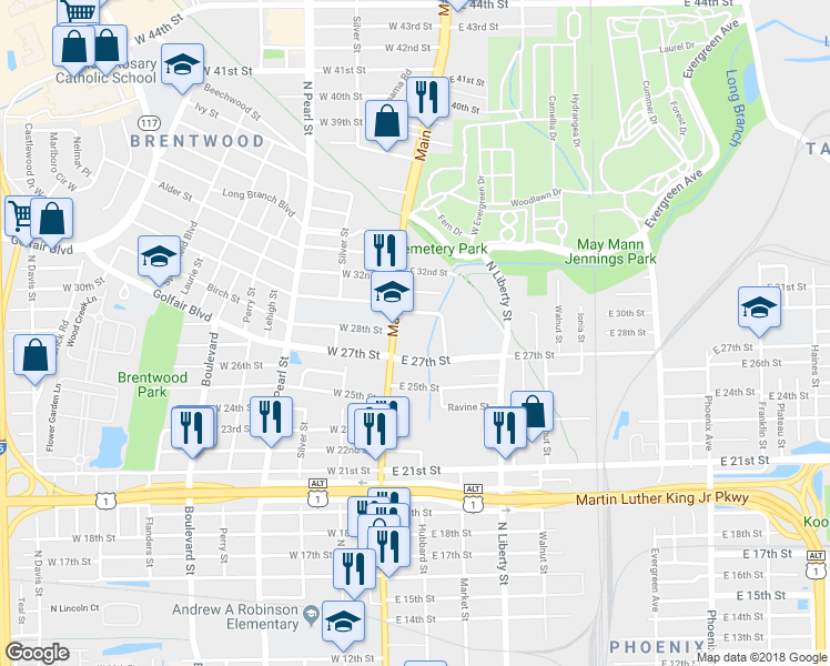 map of restaurants, bars, coffee shops, grocery stores, and more near 3801 North Main Street in Jacksonville