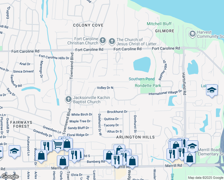 map of restaurants, bars, coffee shops, grocery stores, and more near 3424 International Village Drive West in Jacksonville
