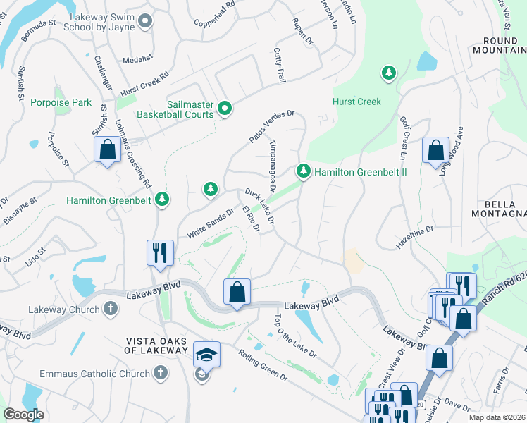 map of restaurants, bars, coffee shops, grocery stores, and more near 410 Duck Lake Drive in Lakeway