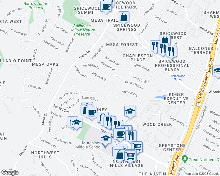map of restaurants, bars, coffee shops, grocery stores, and more near 3902 Greystone Drive in Austin
