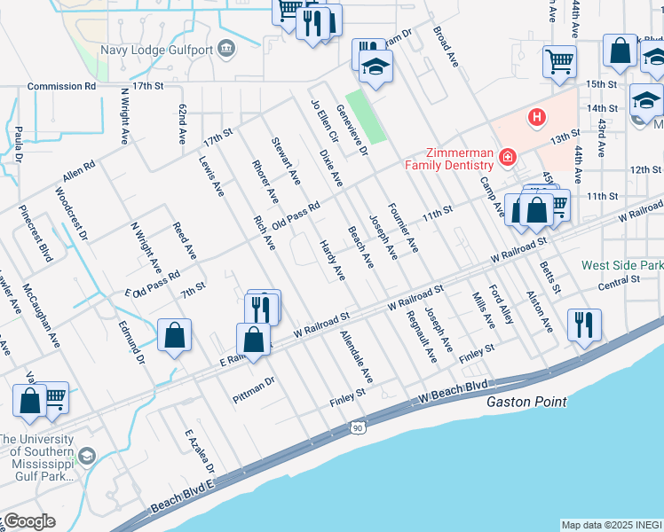 map of restaurants, bars, coffee shops, grocery stores, and more near 1125 Hardy Avenue in Gulfport