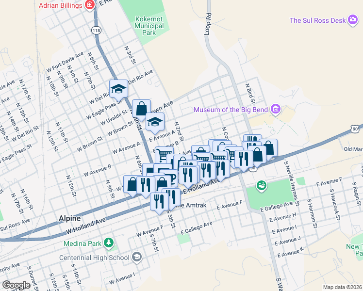 map of restaurants, bars, coffee shops, grocery stores, and more near 408 North 3rd Street in Alpine