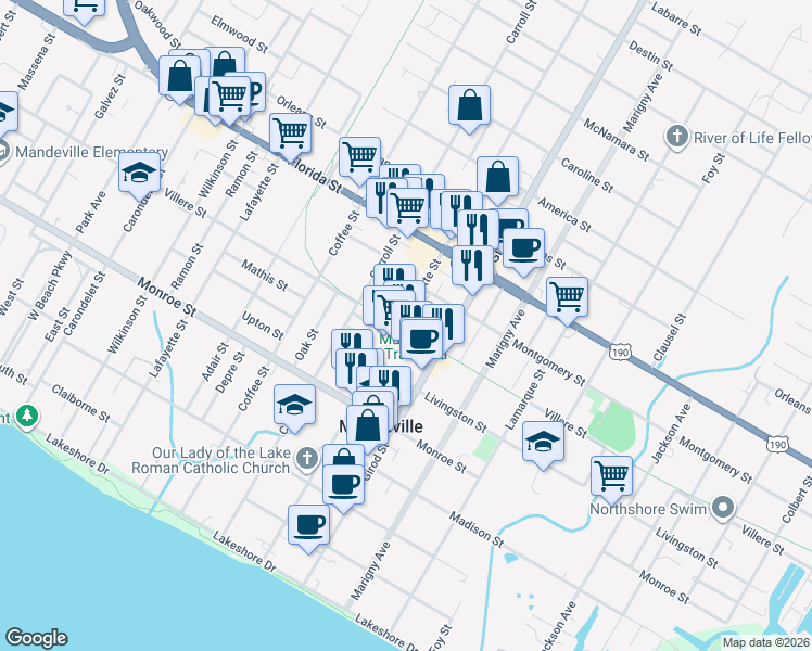 map of restaurants, bars, coffee shops, grocery stores, and more near 2050 General Pershing Street in Mandeville