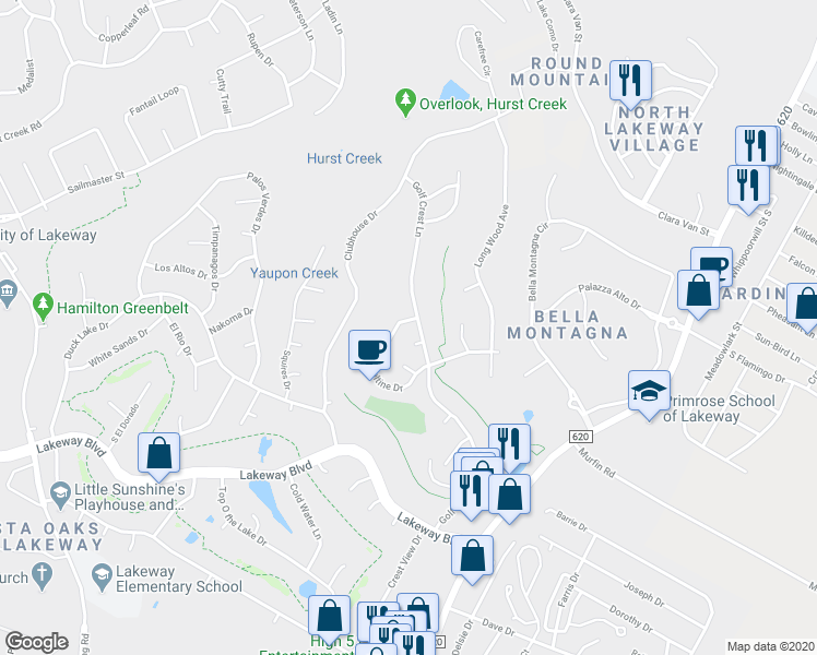 map of restaurants, bars, coffee shops, grocery stores, and more near 412 Hazeltine Drive in Lakeway