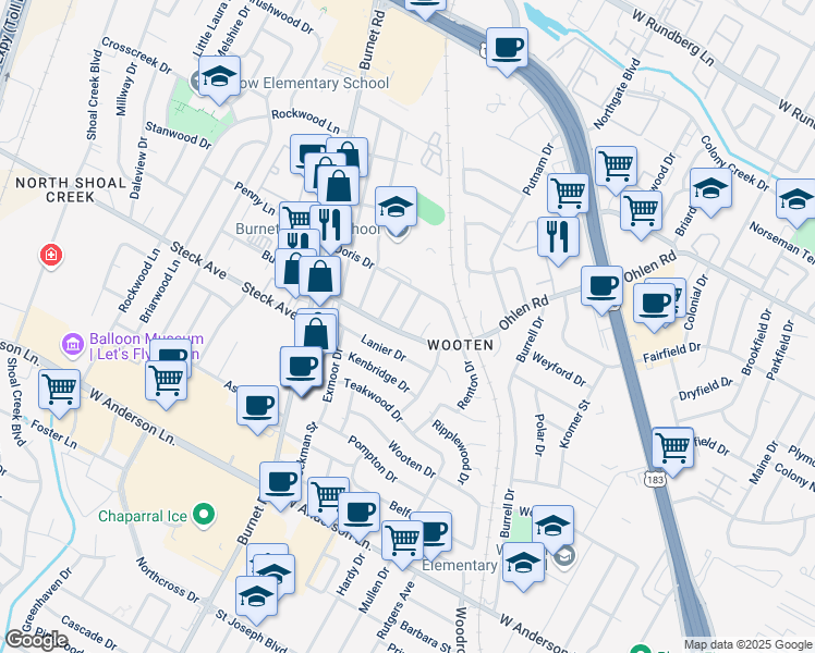 map of restaurants, bars, coffee shops, grocery stores, and more near 8301 Weyburn Drive in Austin