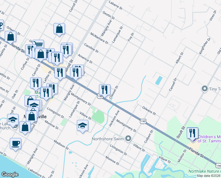 map of restaurants, bars, coffee shops, grocery stores, and more near 1660 Orleans Street in Mandeville