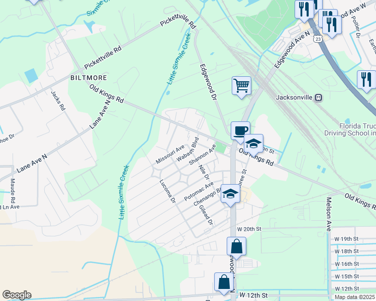 map of restaurants, bars, coffee shops, grocery stores, and more near 5203 Wabash Boulevard in Jacksonville