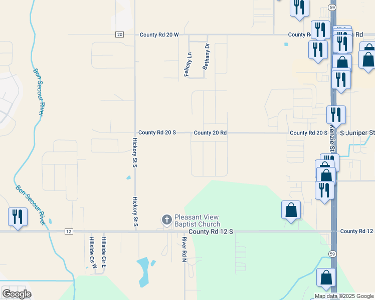 map of restaurants, bars, coffee shops, grocery stores, and more near 19200 County Road 20 South in Foley