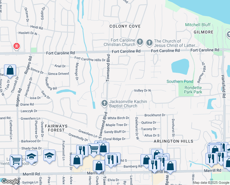 map of restaurants, bars, coffee shops, grocery stores, and more near 7274 Townsend Village Lane in Jacksonville