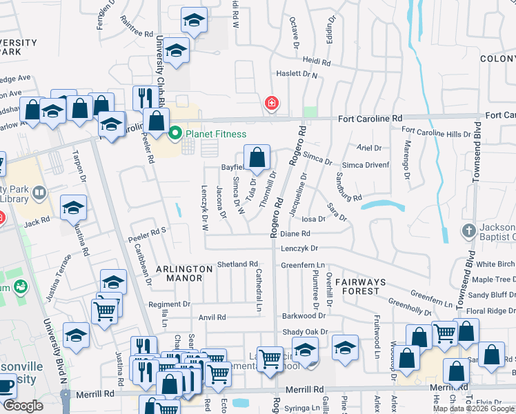 map of restaurants, bars, coffee shops, grocery stores, and more near 3462 Thornhill Drive in Jacksonville