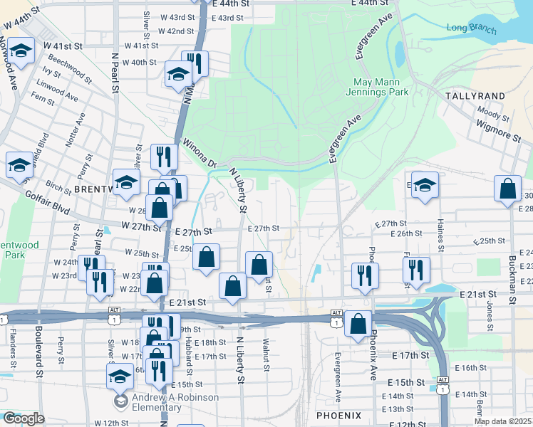 map of restaurants, bars, coffee shops, grocery stores, and more near 3724 Peachtree Street in Jacksonville