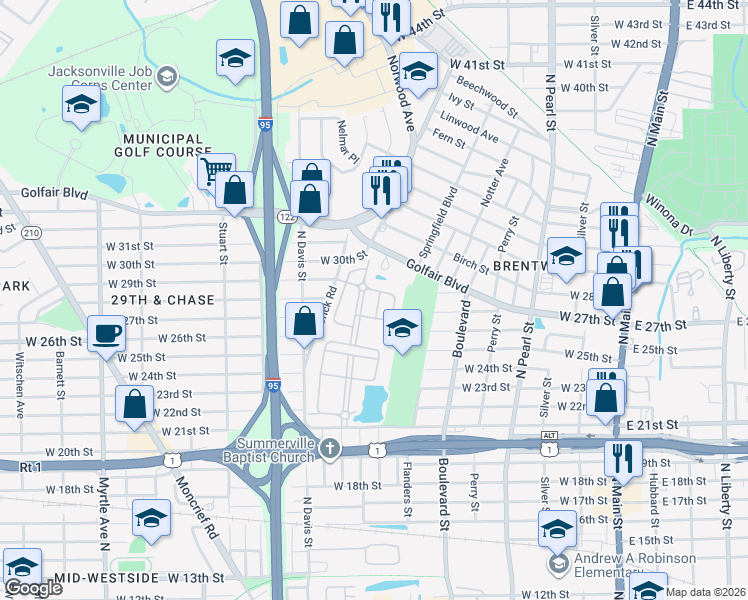 map of restaurants, bars, coffee shops, grocery stores, and more near 3661 Brentwood Avenue in Jacksonville