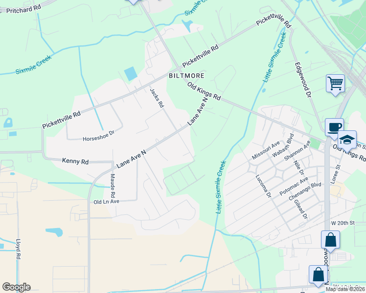 map of restaurants, bars, coffee shops, grocery stores, and more near 5738 Jacks Road in Jacksonville