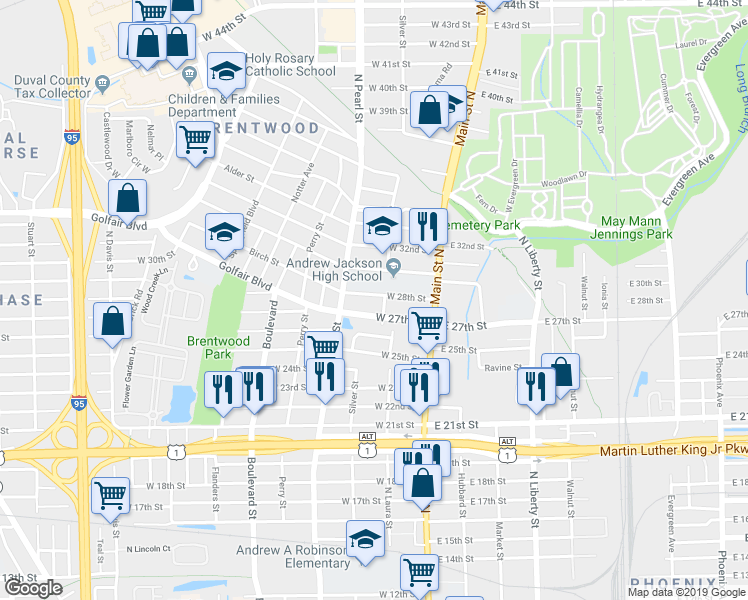 map of restaurants, bars, coffee shops, grocery stores, and more near 118 West 28th Street in Jacksonville