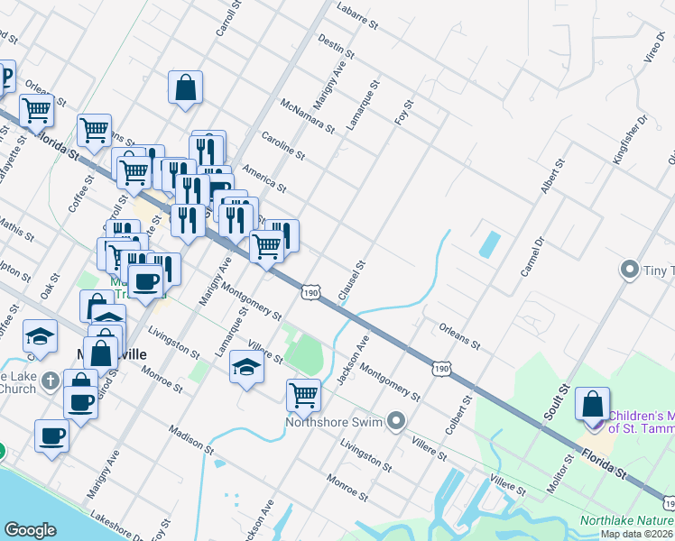 map of restaurants, bars, coffee shops, grocery stores, and more near 1660 Orleans Street in Mandeville