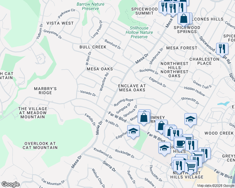 map of restaurants, bars, coffee shops, grocery stores, and more near 7205 Mesa Drive in Austin