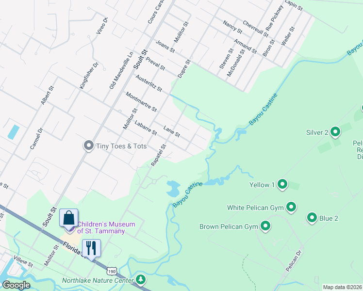 map of restaurants, bars, coffee shops, grocery stores, and more near 623 Labarre Street in Mandeville