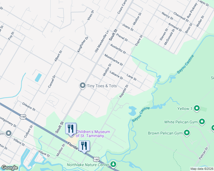 map of restaurants, bars, coffee shops, grocery stores, and more near 825 McCruice Street in Mandeville