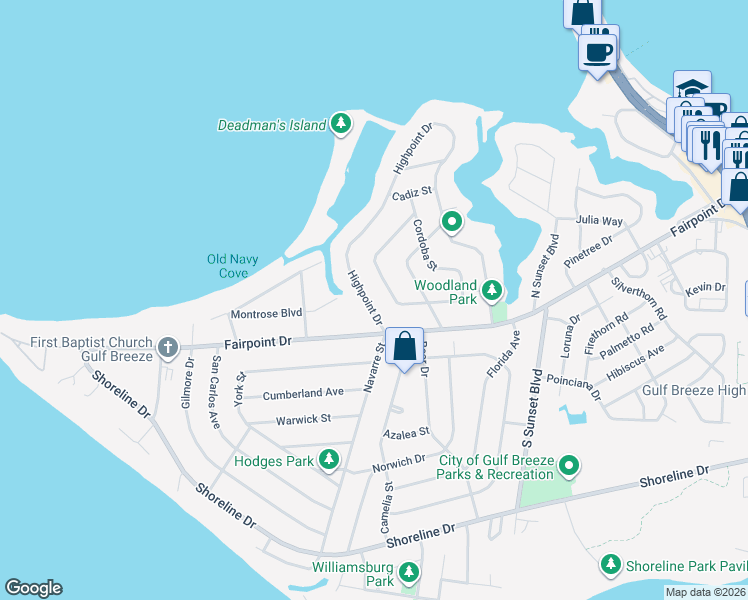 map of restaurants, bars, coffee shops, grocery stores, and more near 137 Highpoint Drive in Gulf Breeze