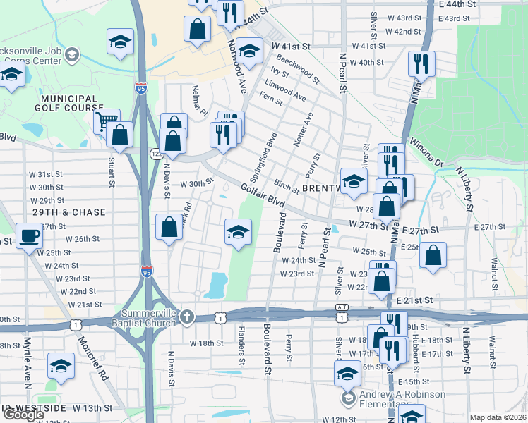 map of restaurants, bars, coffee shops, grocery stores, and more near 543 West 27th Street in Jacksonville