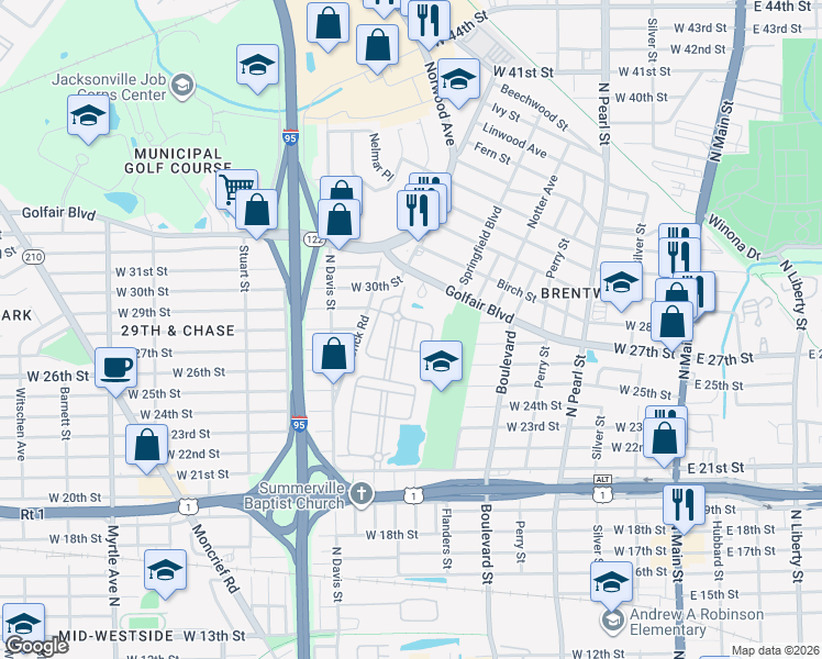 map of restaurants, bars, coffee shops, grocery stores, and more near 3661 Brentwood Avenue in Jacksonville