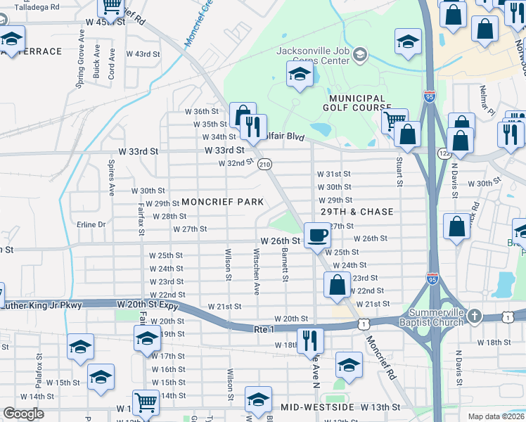 map of restaurants, bars, coffee shops, grocery stores, and more near 3726 Witschen Avenue in Jacksonville