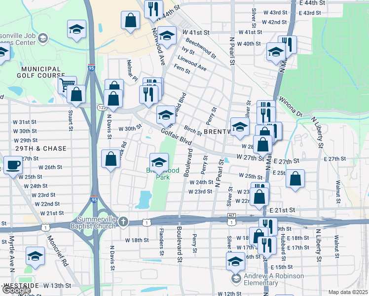 map of restaurants, bars, coffee shops, grocery stores, and more near 543 West 27th Street in Jacksonville