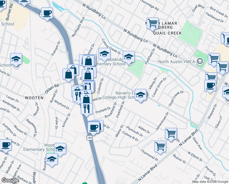 map of restaurants, bars, coffee shops, grocery stores, and more near 8707 Redfield Lane in Austin