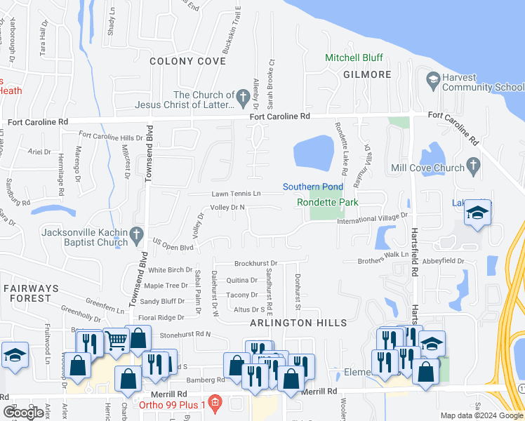 map of restaurants, bars, coffee shops, grocery stores, and more near 7420 Volley Drive North in Jacksonville