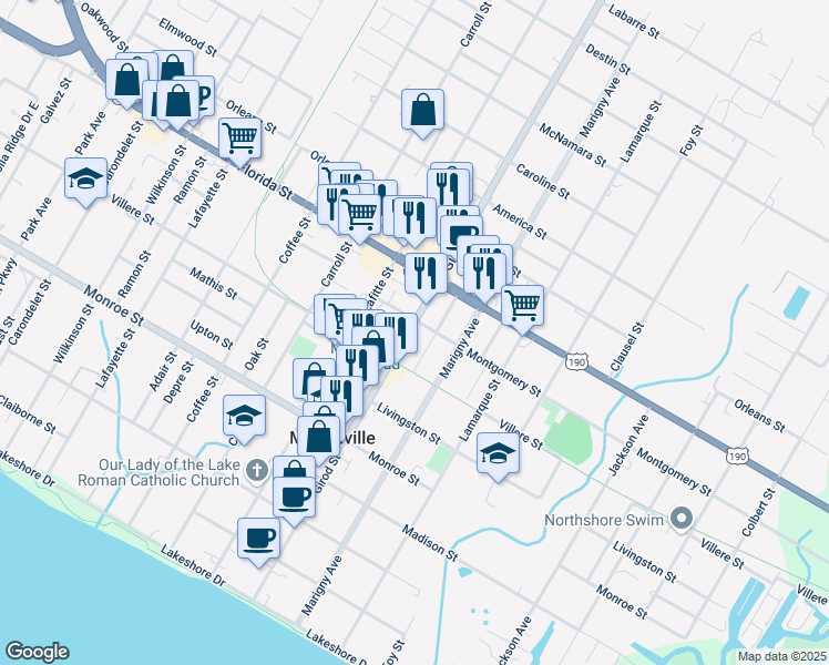 map of restaurants, bars, coffee shops, grocery stores, and more near 737 Girod Street in Mandeville