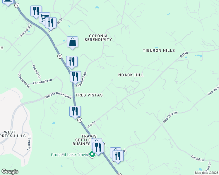 map of restaurants, bars, coffee shops, grocery stores, and more near 21413 Vista Estates Drive in Spicewood