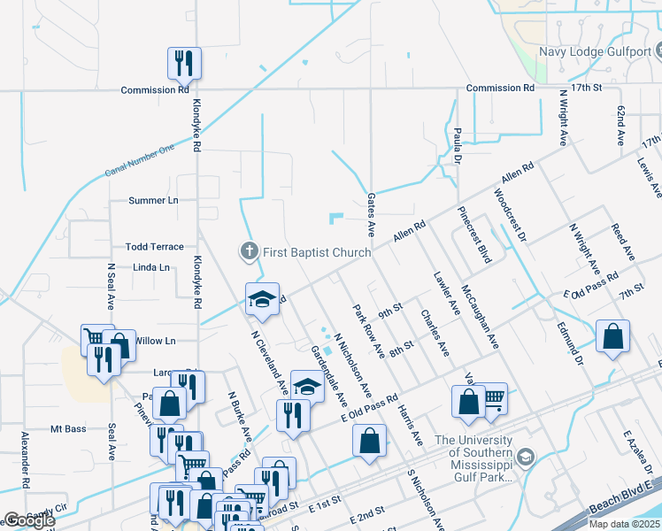 map of restaurants, bars, coffee shops, grocery stores, and more near 18146 Allen Road in Long Beach