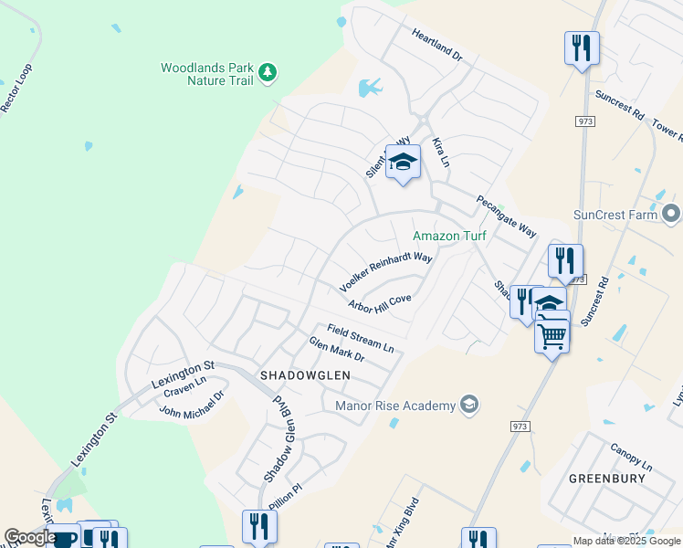 map of restaurants, bars, coffee shops, grocery stores, and more near 13513 Windstone Court in Manor