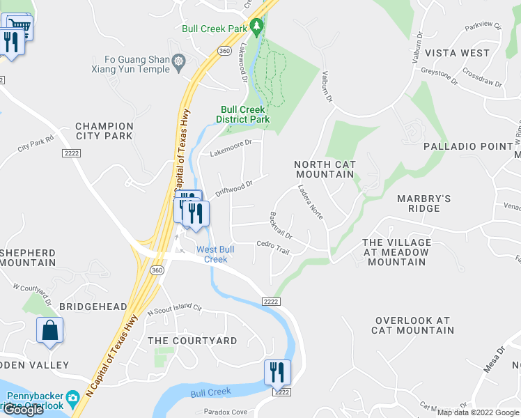 map of restaurants, bars, coffee shops, grocery stores, and more near 5501 Blueridge Court in Austin