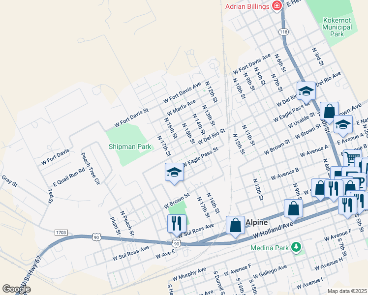map of restaurants, bars, coffee shops, grocery stores, and more near 1109 West Del Rio Street in Alpine