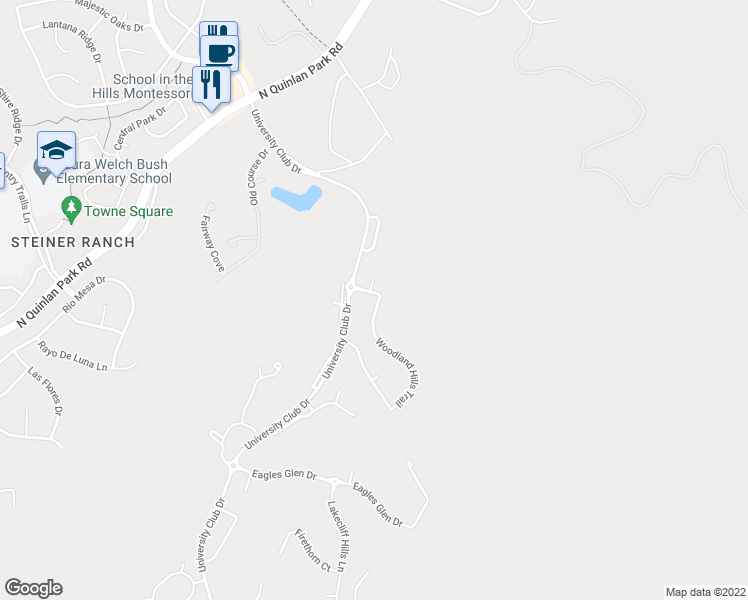 map of restaurants, bars, coffee shops, grocery stores, and more near 11801 Woodland Hills Trail in Austin