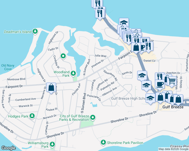 map of restaurants, bars, coffee shops, grocery stores, and more near 204 Loruna Drive in Gulf Breeze
