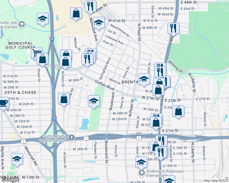 map of restaurants, bars, coffee shops, grocery stores, and more near 446 Golfair Boulevard in Jacksonville